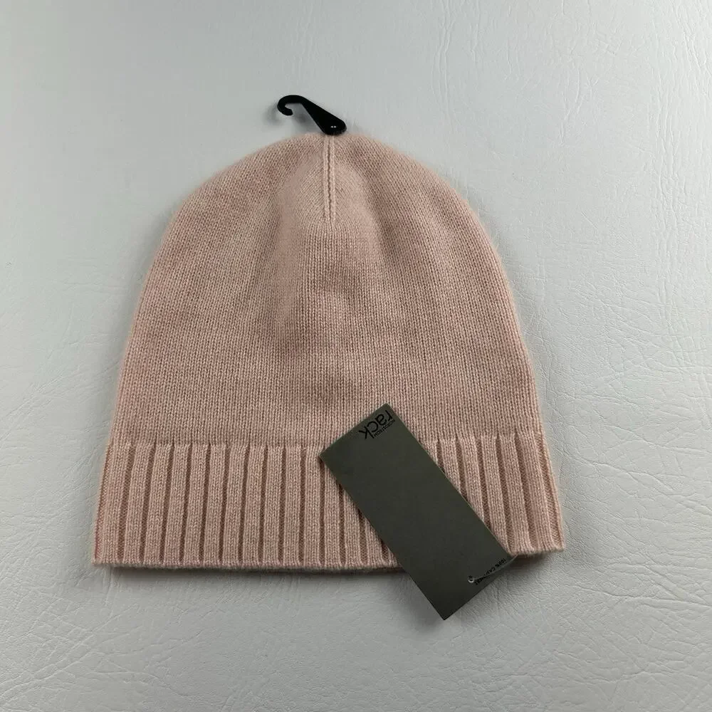 Nordstrom Rack 100% Cashmere Beanie Pink Ribbed Cuff Knit Winter Hat NWT